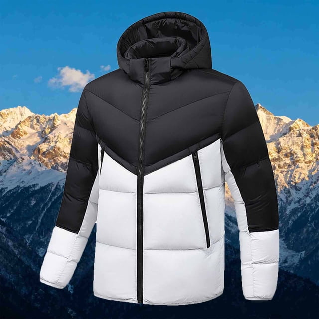 Xuniizn Plus Size Puffer Jacket Men, Zipper Pockets Solid Patchwork Slim Winter Hooded Down Jackets, Thick Thermal Soft Comfortable Waterproof Windbreaker Snow Casual Jackets