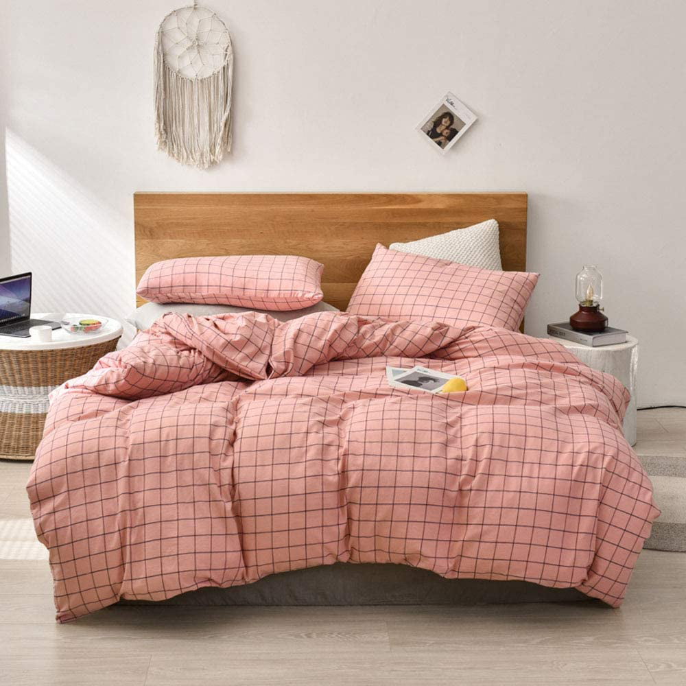 100% Washed Cotton Reversible Red Plaid Full Size Bedding Sets Collections Gingham Checkered Grid Geometric Queen Duvet Cover Set Cotton with 2 Pillowcases Zipper Closure for Teens Girls Boys Adults