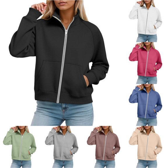 QTSHPN Zip up Sweatshirt Women Collared Long Sleeve Oversized Crewneck Jacket Style Pullover with Full Zipper for Fall Fashion Outfits Women's Sweatshirts Black XXL