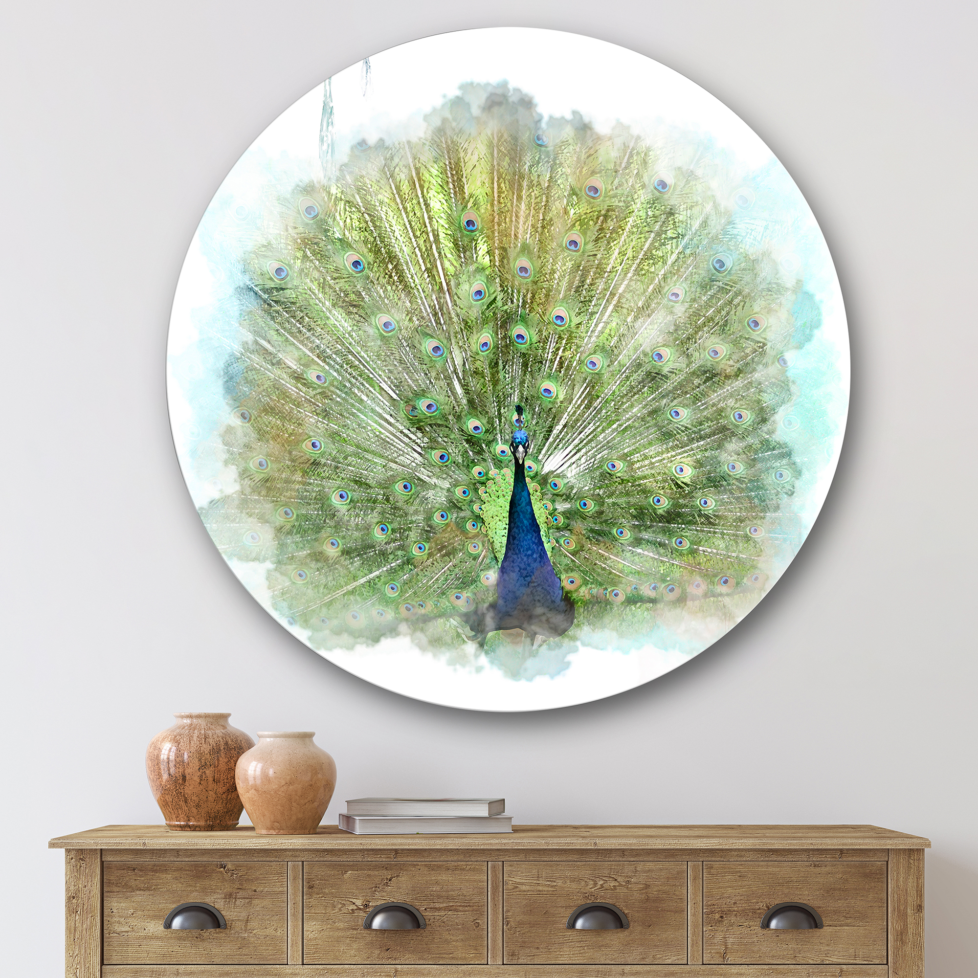 Designart 'Dancing Peacock Bird' Traditional Circle Metal Wall Art 29x29 - Disc of 29