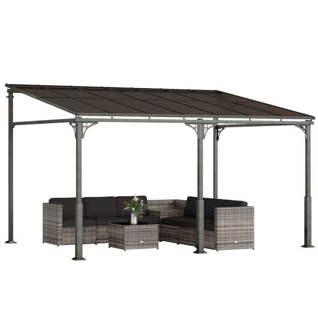 Outsunny Pavillon Adossé 13 Pieds x 10 Pieds, Pergola Extérieure à Toit Rigide Fixée au Mur