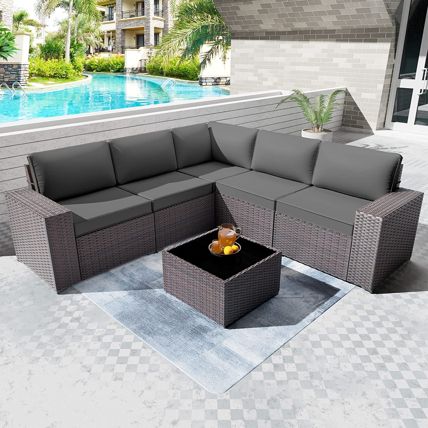 Kullavik 6 Piece Outdoor Patio Set Rattan Wicker Sofa Thick Cushions Coffee Table Navy Blue Walmart