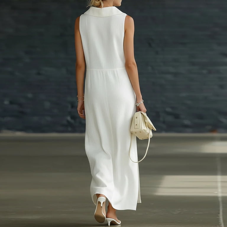 fit and flare white maxi dress White Chiffon Maxi Dress with Sleeveless Fit and Flare Design