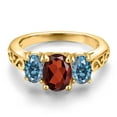thumbnail image 3 of Gem Stone King 18K Yellow Gold Plated Silver Red Garnet and Persian Blue Moissanite Filigree Style 3 Stone Ring for Women (2.40 Cttw, Oval 8X6MM and 6X4MM) (Size 7), 3 of 6