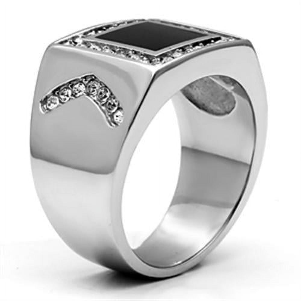 Mens Ring Silver Black Onyx Stainless Steel Ring with Top Grade Crystal in Clear