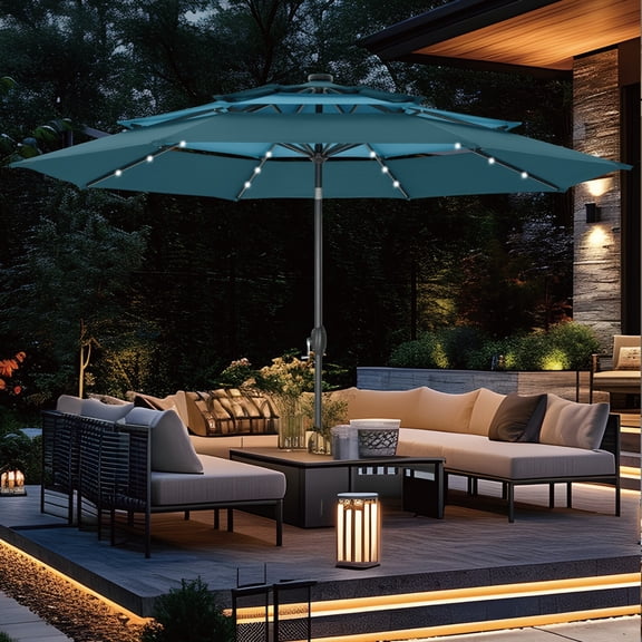 10FT 3 Tier Patio Umbrella LED Lights Solar Market Umbrella w/Tilt Crank Outdoor