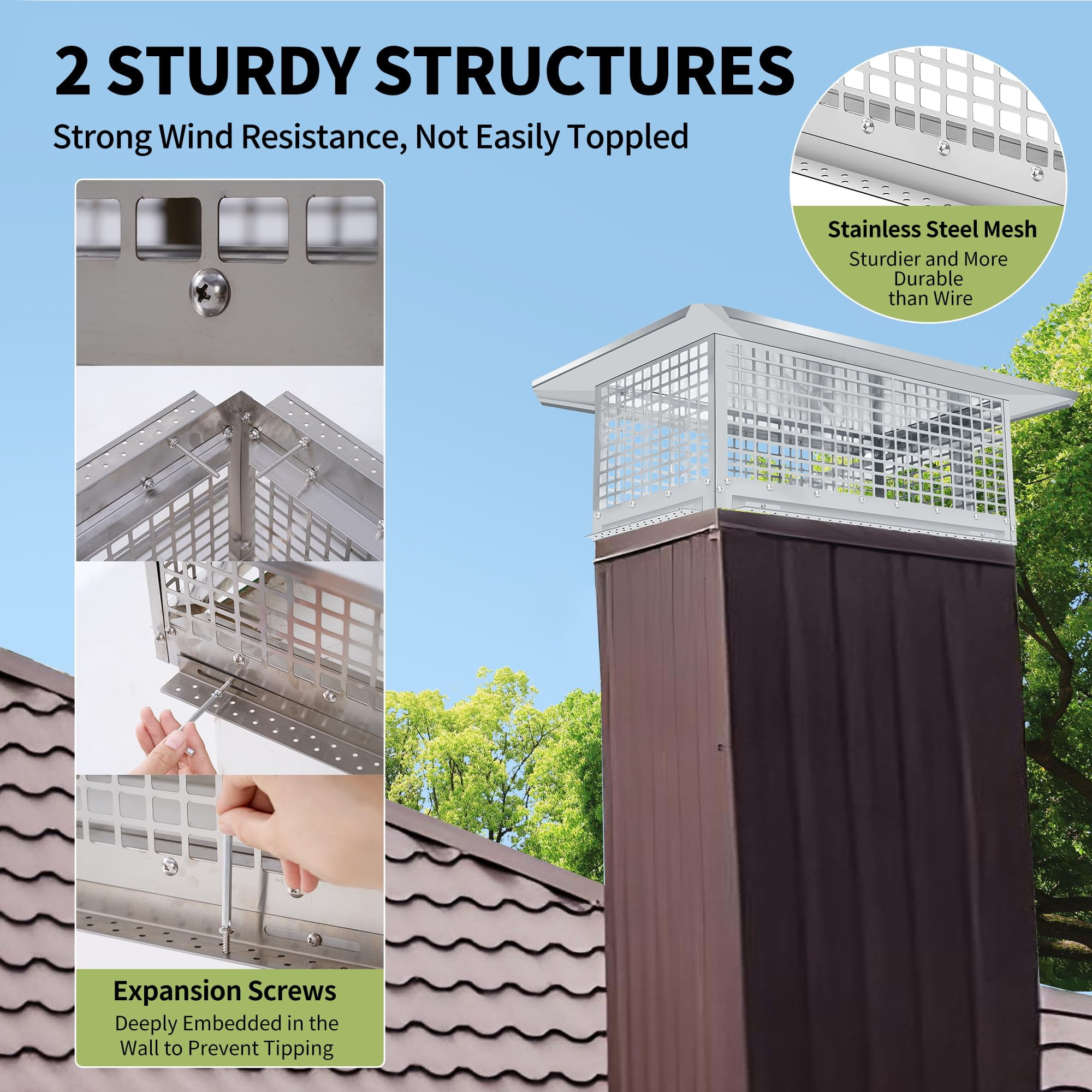 BouPower 8 in x 8 in 304 Stainless Steel Chimney Cap, Adjustable Chimney Vent Cover with Screen, Weatherproof Fireplace Chimney Cap for Outside, Fits 6"-8" Clay Flue Tile
