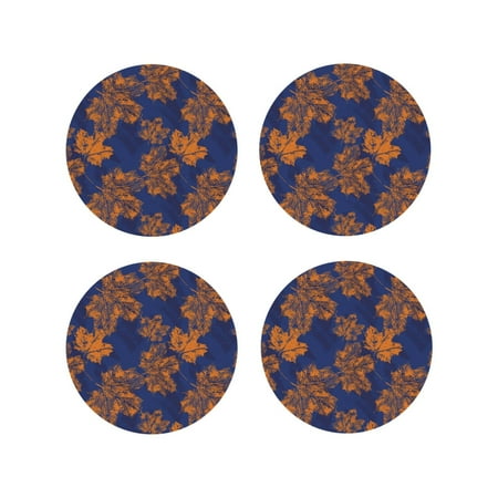 

Fuzoiu Golden Maple on Navy Blue Print Leather Coasters Set Drink Coasters Set of 4 for Tabletop Protection Durable PVC Coasters Home Décor and Housewarming Gift-Round Shape