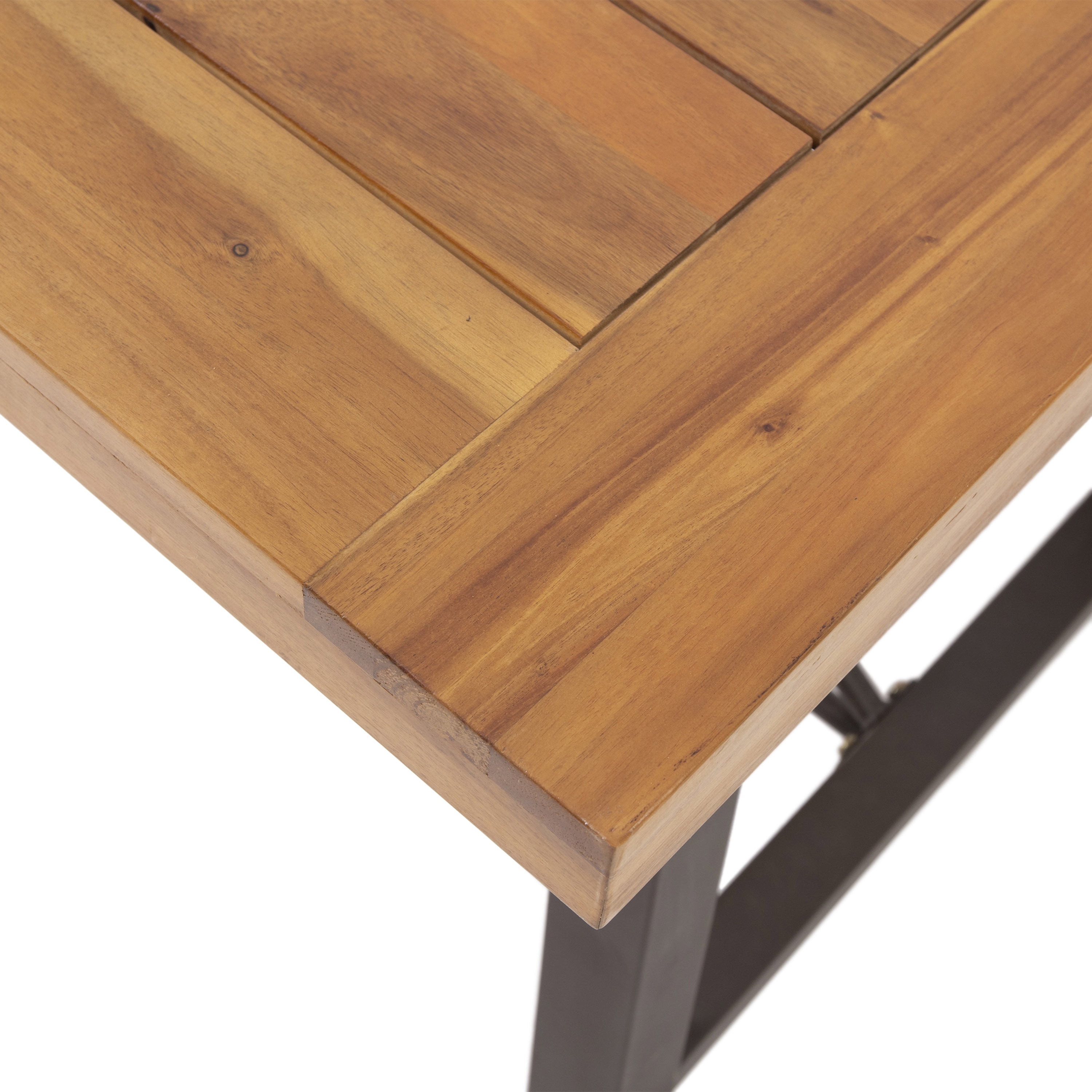 Outdoor Metal Base Acacia Wood Dining Table, Stable Household Desktop for Patio Garden, Teak and Rustic Metal