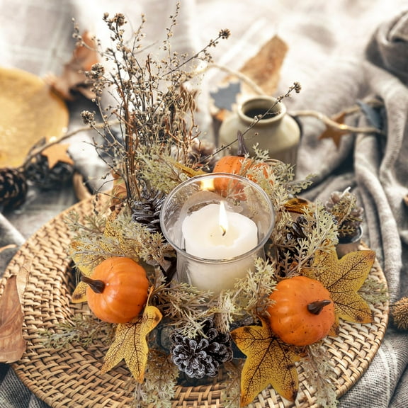 1PCS Christmas Simulated Pumpkin Pinecone Candle Rings Wreaths,Xmas Wreaths Table Centerpieces Mini Rings Wreaths Candle for Pillars Window Chair Wall Home Decor(Orange)