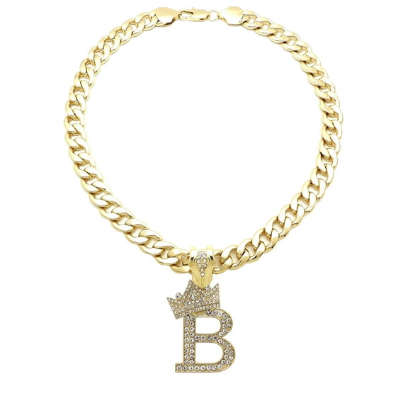 iJewelry2 Kings and Queens Crowned Initial Letter B Crystals Pendant Gold-tone Cuban Linked Chain Necklace