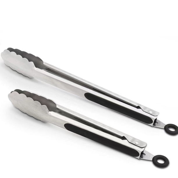 Juego de 2 pinzas de cocina de 9 y 12 pulgadas, acero inoxidable de primera calidad, sin BPA, silicona antiadherente, parrilla, barbacoa, cocina, pinzas para alimentos con bloqueo, plateadas brillar Hogar