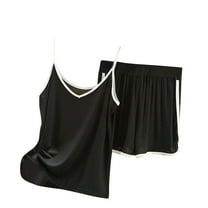 Scyoekwg Shorts Sets Women 2 Piece Outfits Summer Thin Loose Strap Solid Color Sleeveless Tops Casual Two Piece Set (Black,XXL)