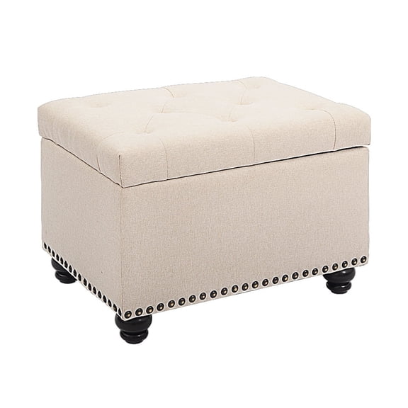 CangLong 24 Inch Tufted Bedroom Storage Ottoman Bench, Linen Lift Top Upholstered Foam Padded Rectangular Footstool,Beige