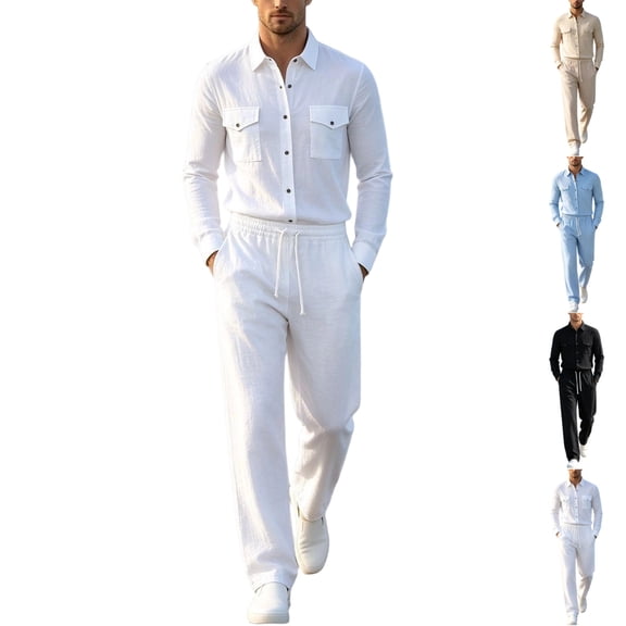 GrmtClth Linen Blend 2 Piece Suits For Men Button Down Long Sleeve Overshirt Elastic Drawstring Waist Straight Pants Side Pockets Beach Casual Matching Outfit White XL