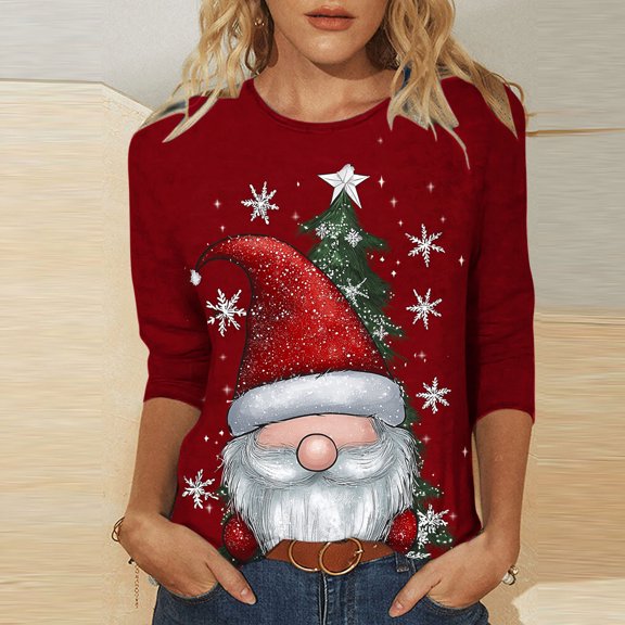 LEKWK Christmas Tops for Women 2025Dressy Xmas Tree Crew Neck 3/4 Sleeve Tshirts Womens Tops for Christmas Party Tunic Christmas Tops for Women