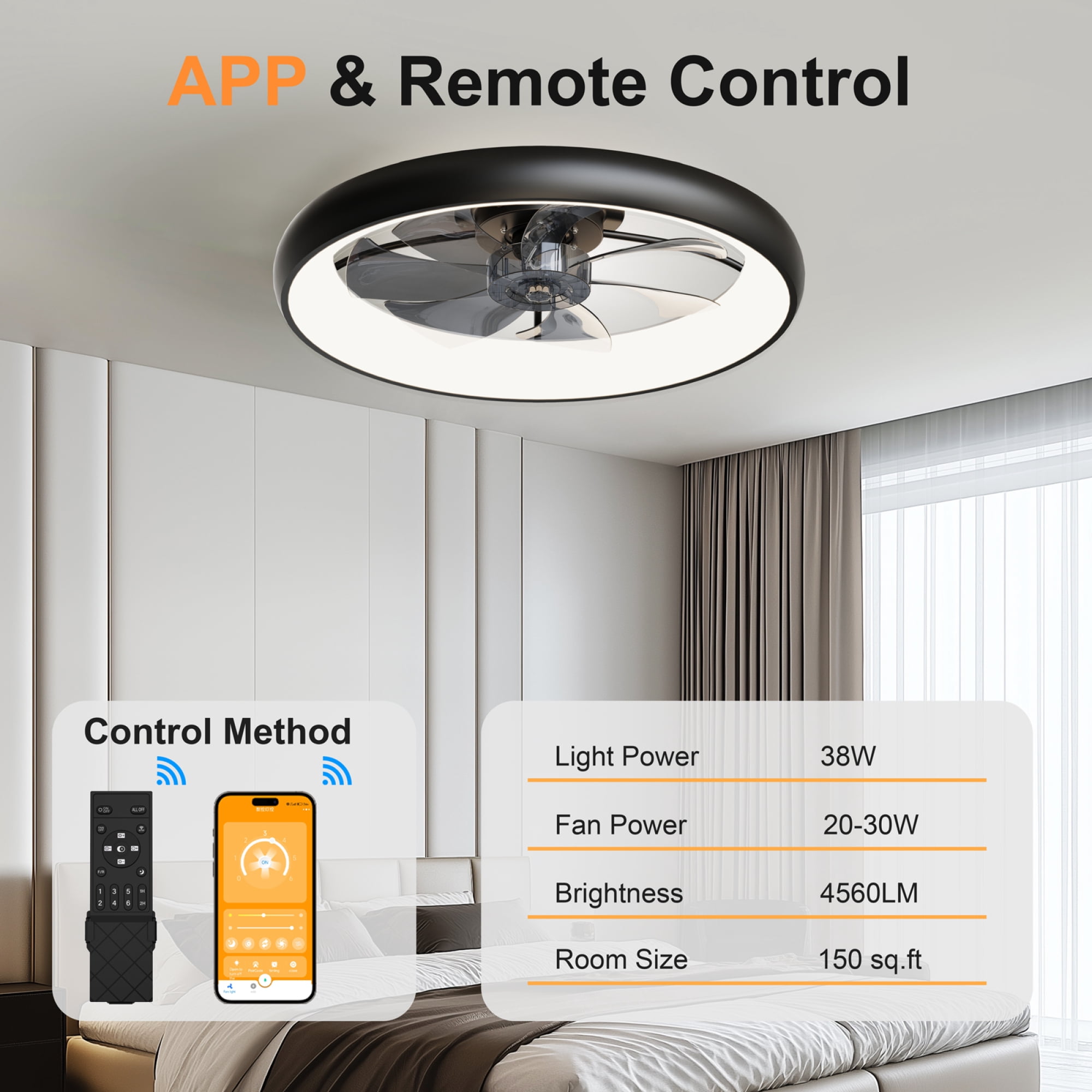 Leumius 24.4" Black Ultra-Thin Ceiling Fan with Light, 6-Speed Reversible Fandelier, 3-Color Temp Dimmable, Remote & APP Control, Silent Motor for Large Rooms Living Areas
