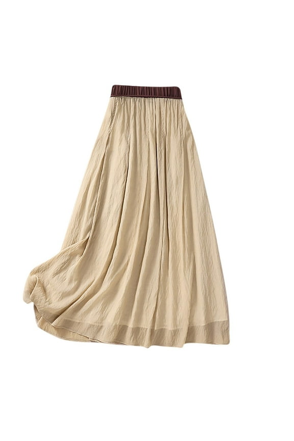 Women's Mid Calf Skirt Linen Flowy Swing Elastic Waist Boho Summer Skirt Casual Beach Midi Skirts Double Layers A Line Skirt, White (XX-Large)
