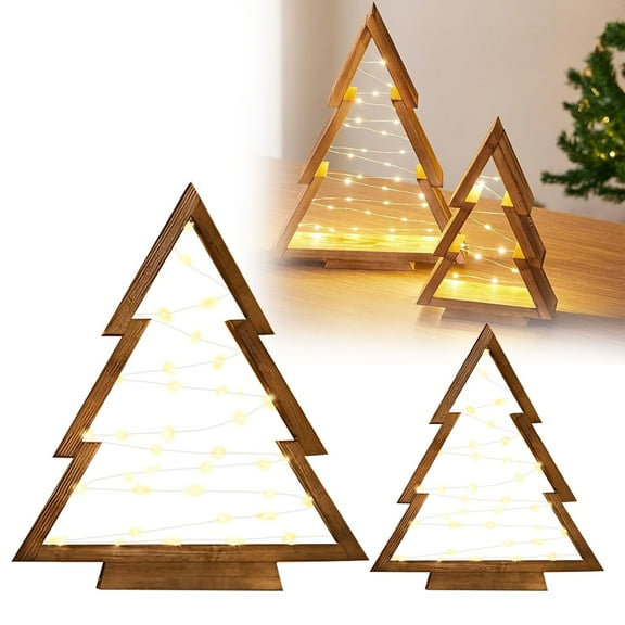 Two-Piece Wooden Lighted Christmas Tree Set, Tabletop Decoration with LED Lights for Home, Mantels, Desks & Indoor Holiday Decor