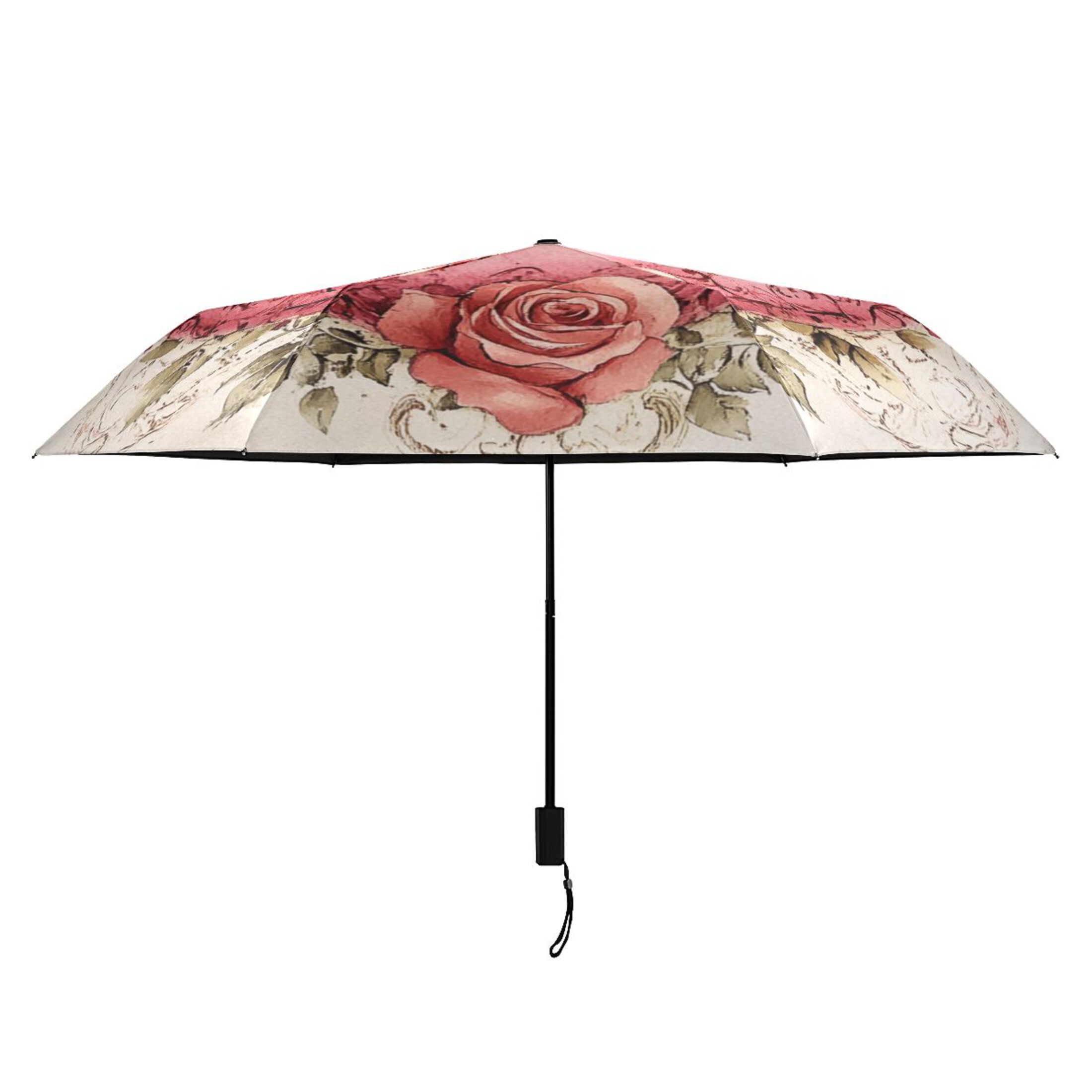 Beautiful Pink Heart with Roses Compact Sun Umbrella Windproof Travel Umbrellas for Rain Strong Portable UV Protection