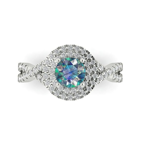 1.3125 ctw with Simulated Diamond Halo Accents Anniversary Ring for Women | Round Cut Blue Moissanite | Hyperallergenic Solid 14K White Gold