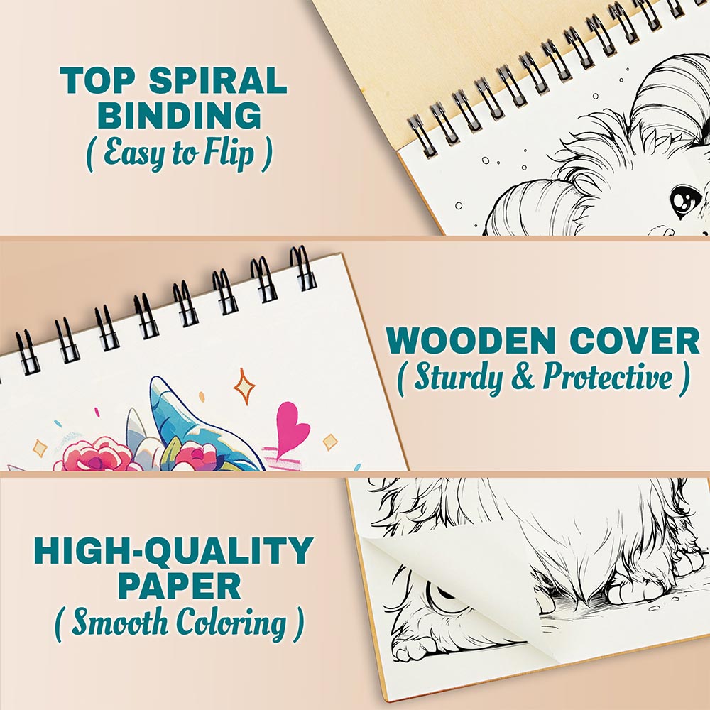 Netecom Monster Cuties Coloring Book Spiral Bound for Adults, A5 Wooden Cover, 30 Adorable Monsters Coloring Pages of Fanciful World for Stress Relief and Relaxation