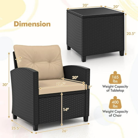 Costway 3 PCS Patio Furniture Set with Tempered Glass Coffee Table Washable Cushions - Beige,Black
