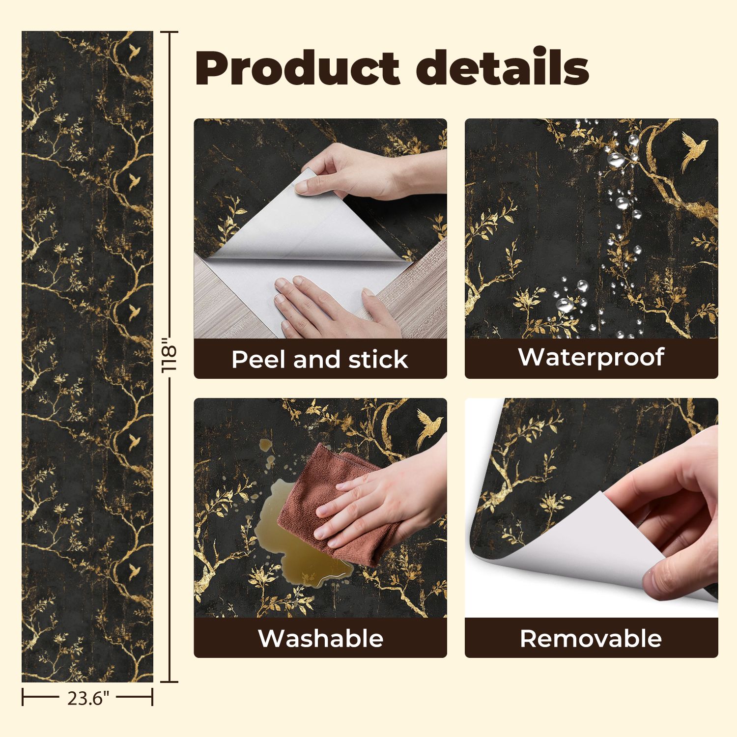 Modern Peel and Stick Wallpaper 23.6in x 9.8ft Golden Floral Branches Bird Black Contact Paper Vinyl Waterproof Self Adhesive Wall Paper for Bedroom Shelf Cabinet Renter Friendly