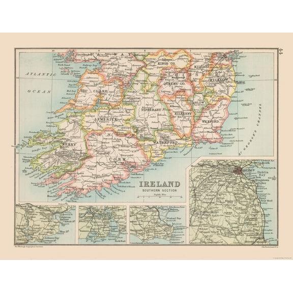 Historic Map - Ireland Southern - Bartholomew 1892 - Vintage Wall Art