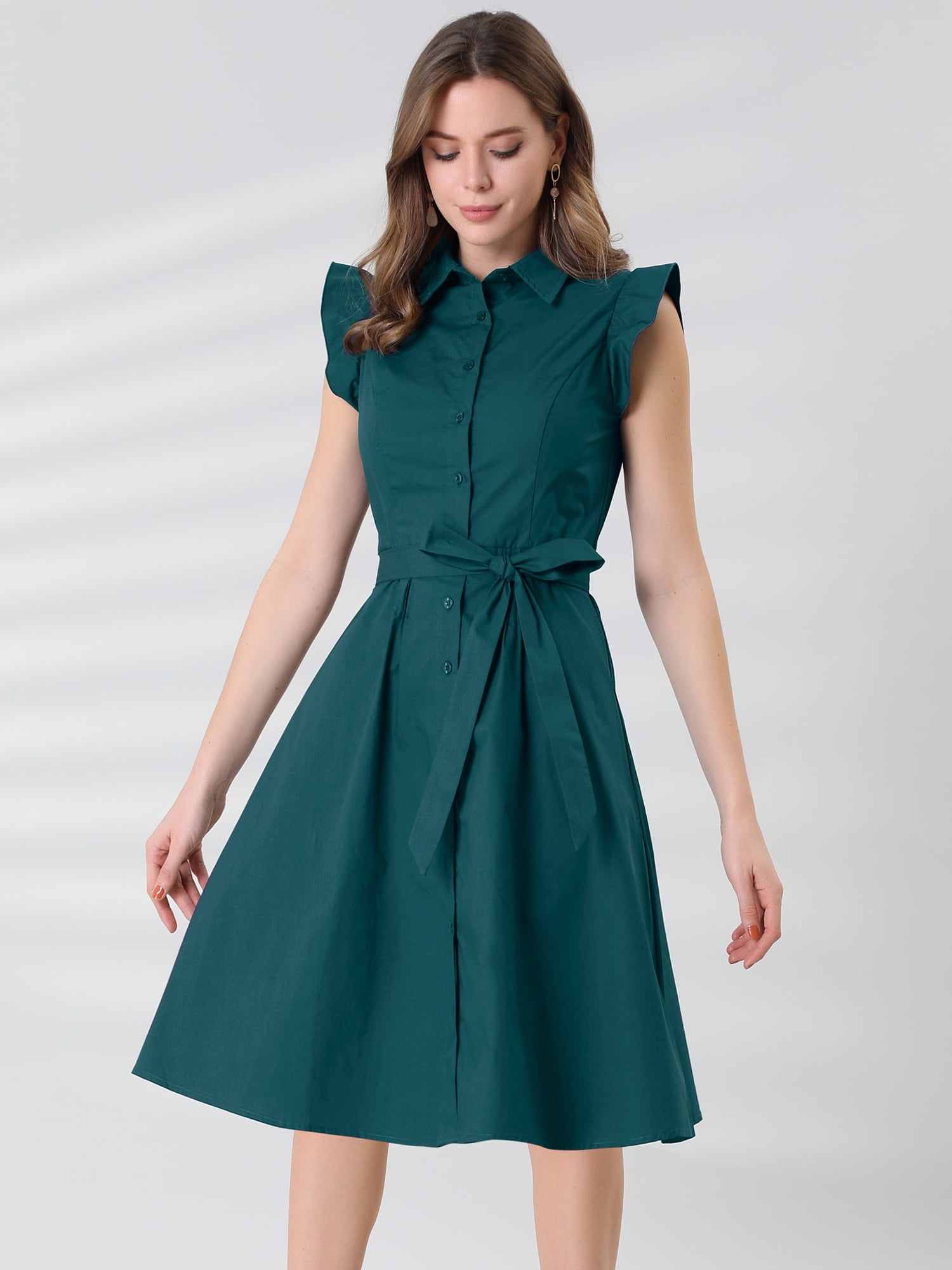 DARING DIVA Ruffled Sleeve Button Down Belted Knee Length Shirt Dress XS Dark Green
