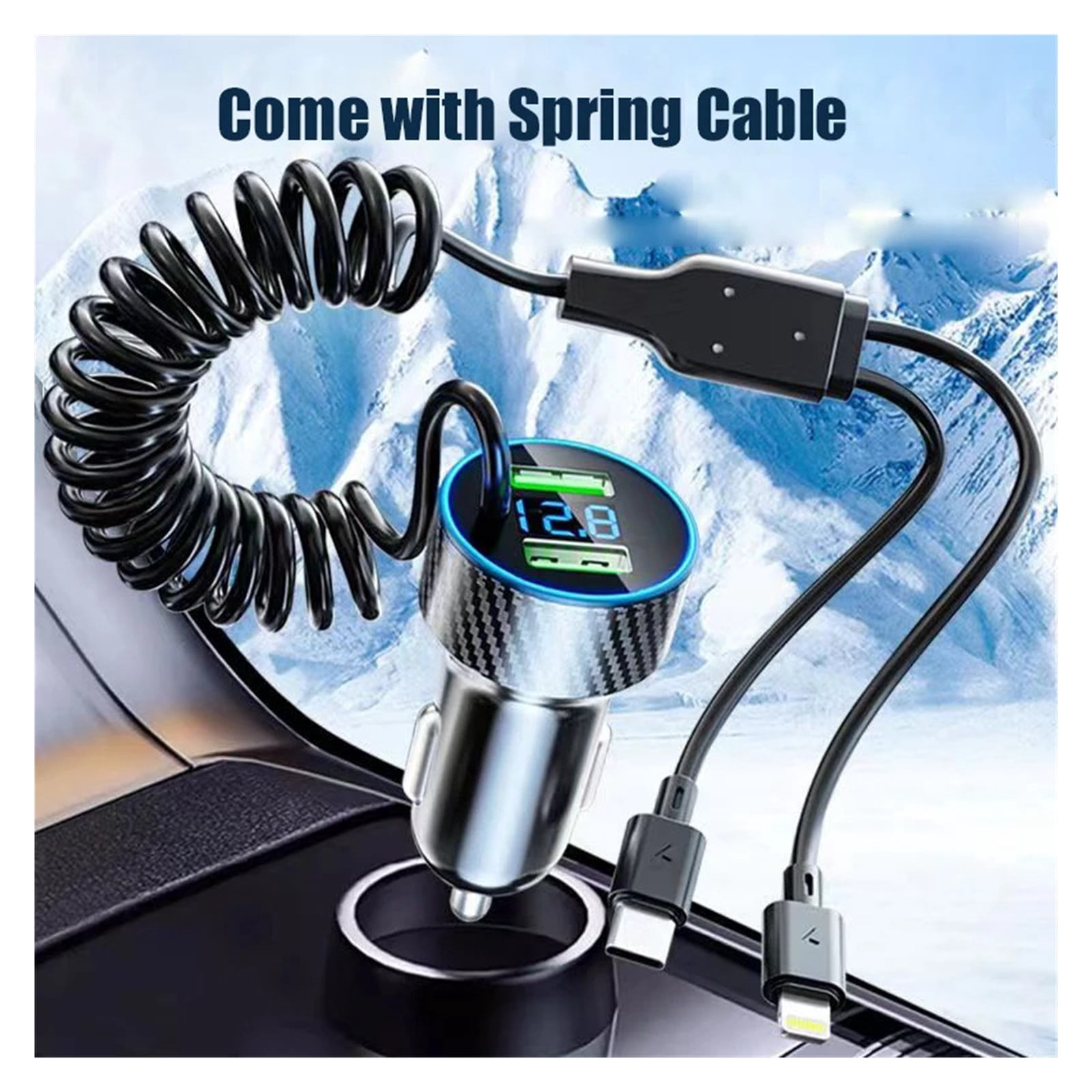 4 in 1 Dual Port USB Car Phone Charger Type C with Retractable Cable Super Fast Charging Adapter
