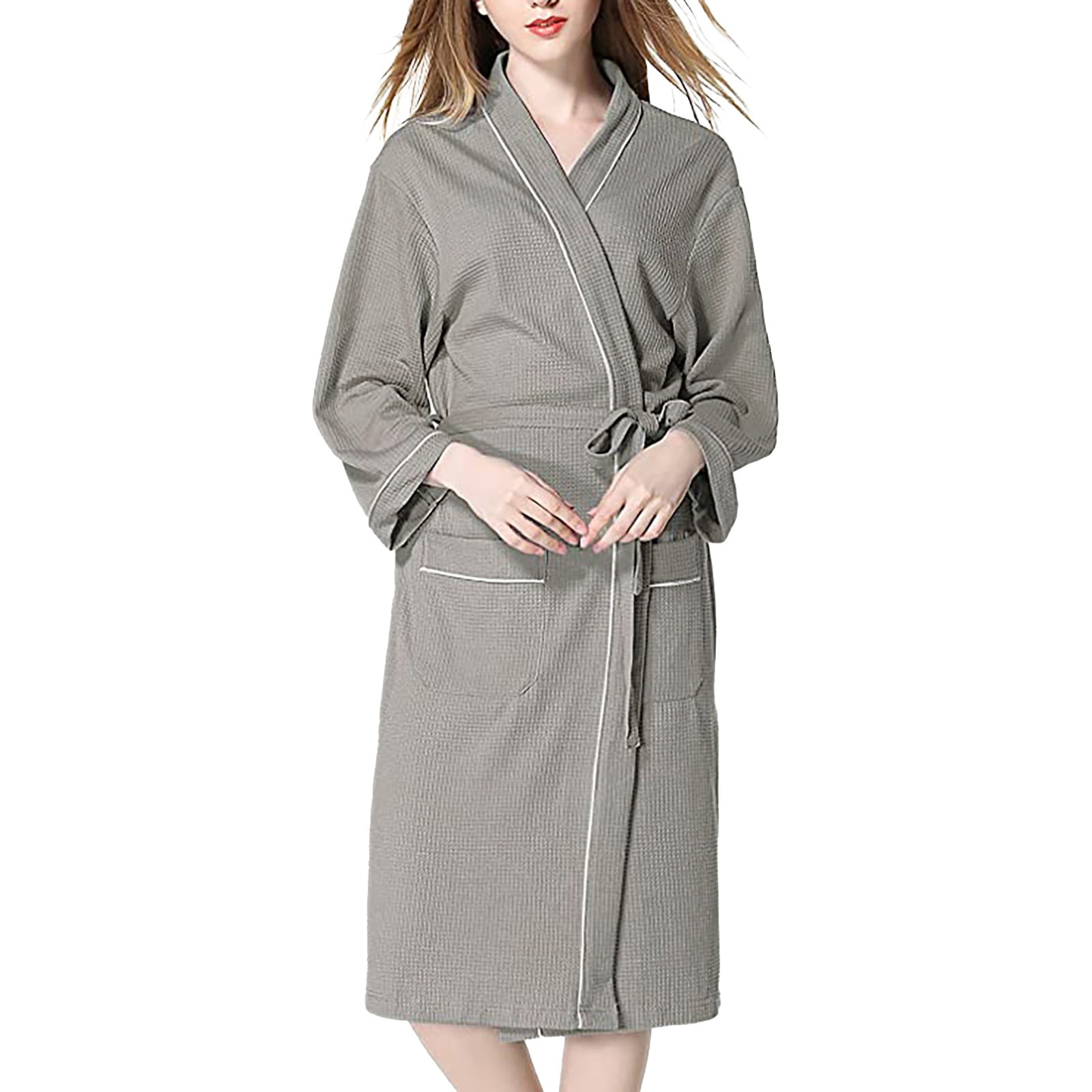 Old-to-new Womens Long Kimono Robe Lightweight Silk Bathrobe Nightgown with Pockets 