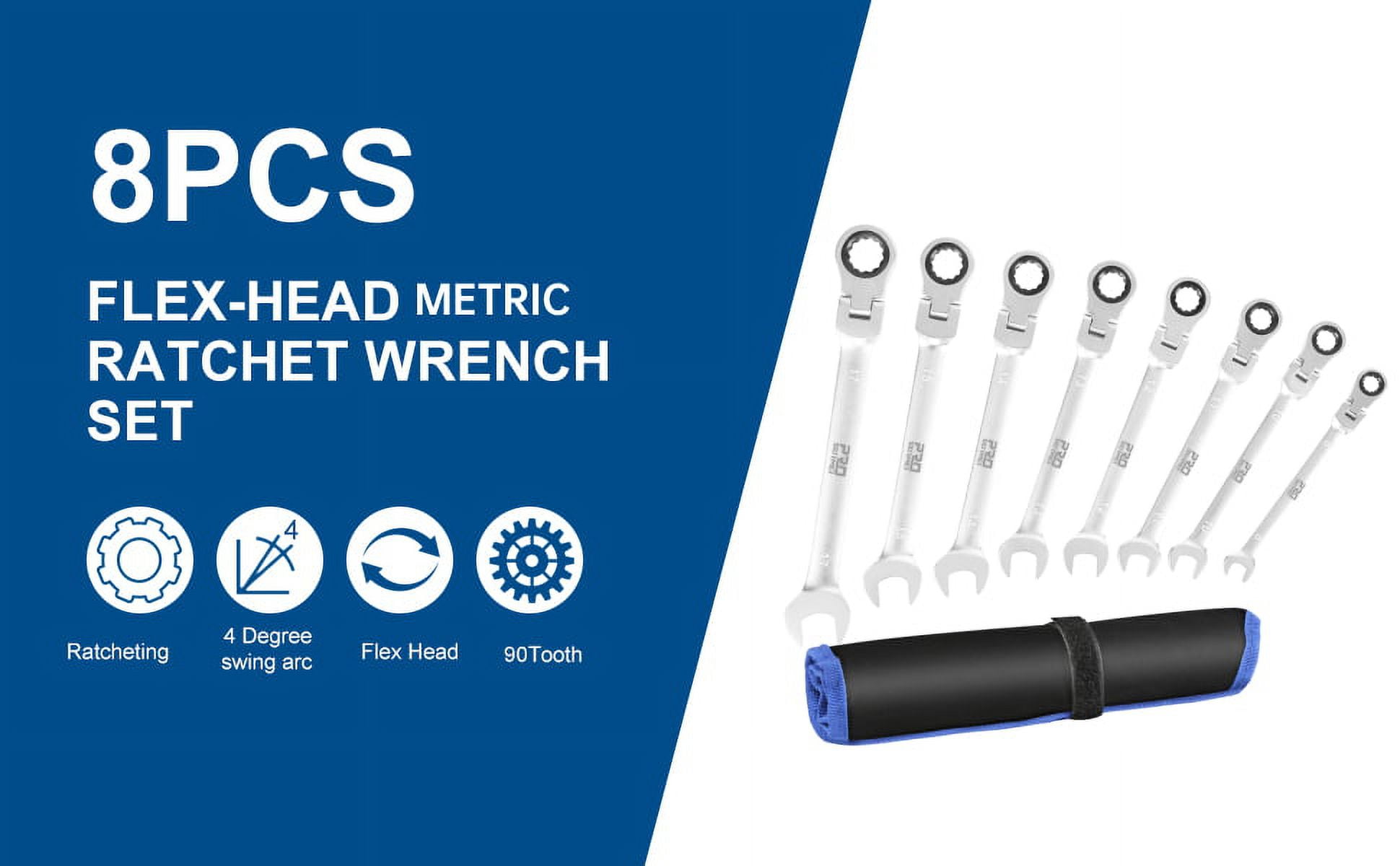 PROSTORMER 8 Piece Flex Head Ratchet Combination Wrench Set, 8-17mm Metric, 90-Teeth Box End and Open End Spanner Gear Wrench with Cr-V Constructed, Canvas Bag