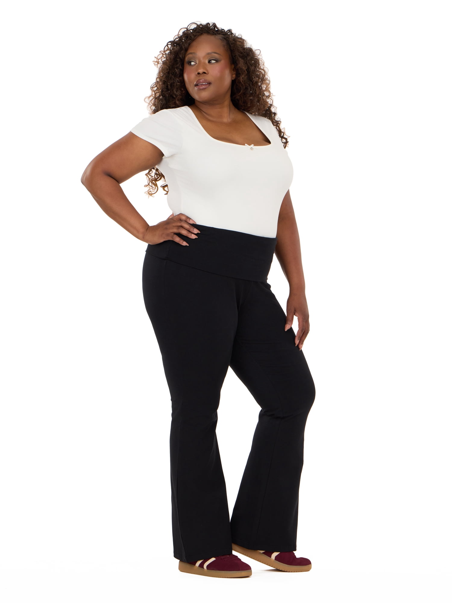 Forever 21 Women's Jersey Fold Over Waist Pants with Graphic Detail, Flare Leg Lounge Pants, Stretch Casual Everyday Comfort Style, Black, XXS-4X