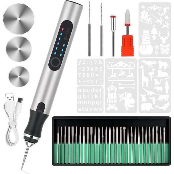 Jous Electric Engraving Pen Kit with 42 Bits, Mini Electric DIY Engraver Cordless Rotary Tools Portable Engraving Tool for Jewelry Wood Metal Stone Plastic Glass Etching (Silver)