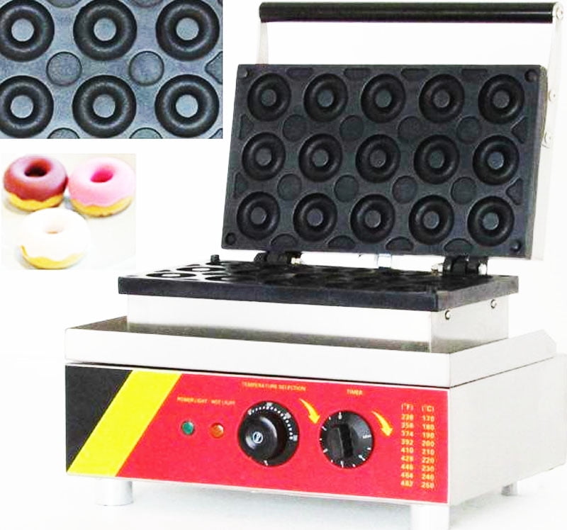 15 Pcs Electric Donut Snack Maker Waffle Baking Machine Double-Sided Heating Non-Stick Doughnut Baker Maker 0℃-300℃ 110V