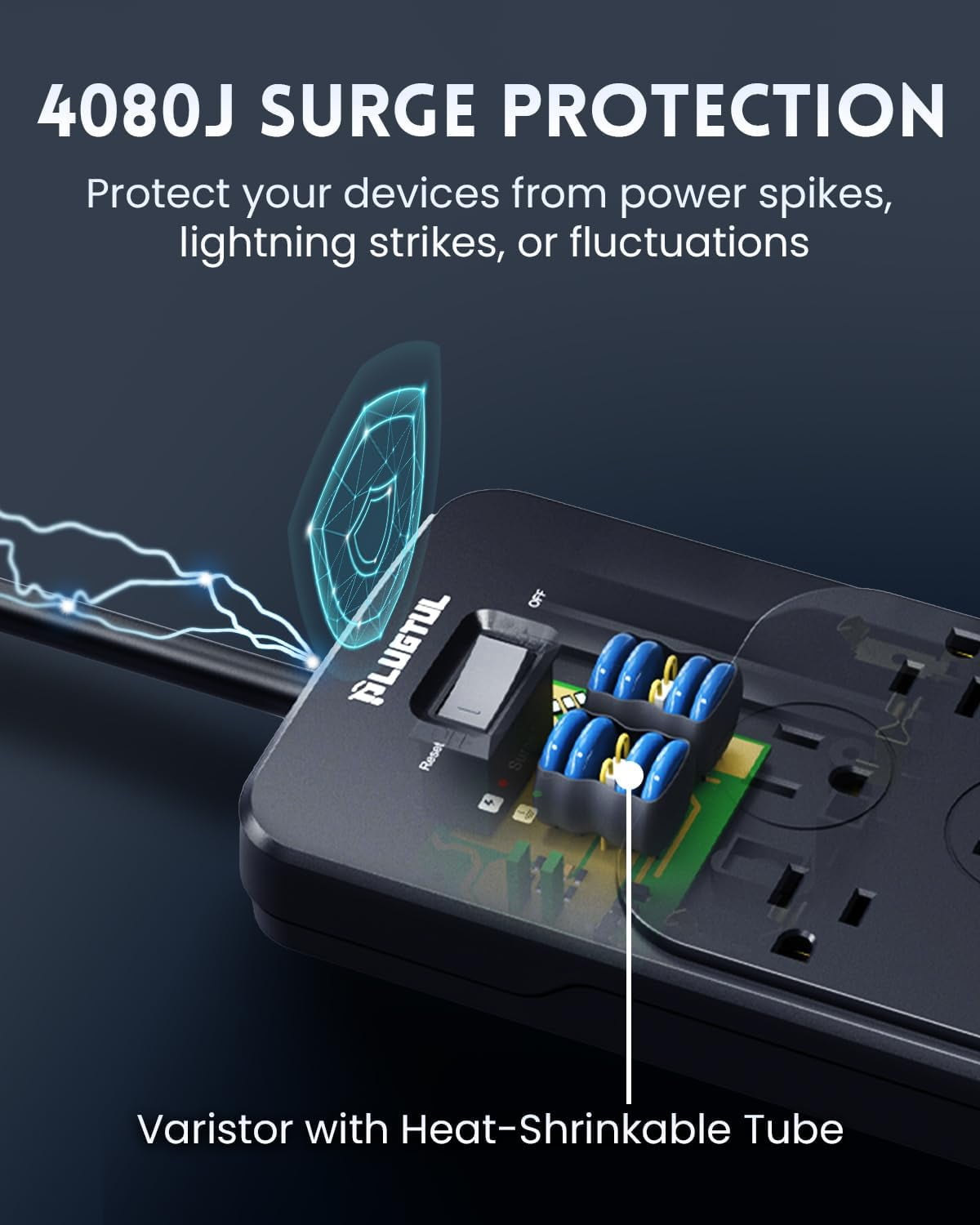 Surge Protector Power Strip 5FT(4080J) Black with 12 Outlets - Spacious Design for Large Plugs Flat Plug 20W USB C Charging Home Office ETL Listed