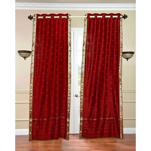 Ring Top Sheer Sari Curtains 60" W X 63" L matching tiebacks- Handcrafted Fire Brick Indian Drapes Unlined for light & airy ambience Perfect for Living/Bedroom/Dining Room Sold in Pairs