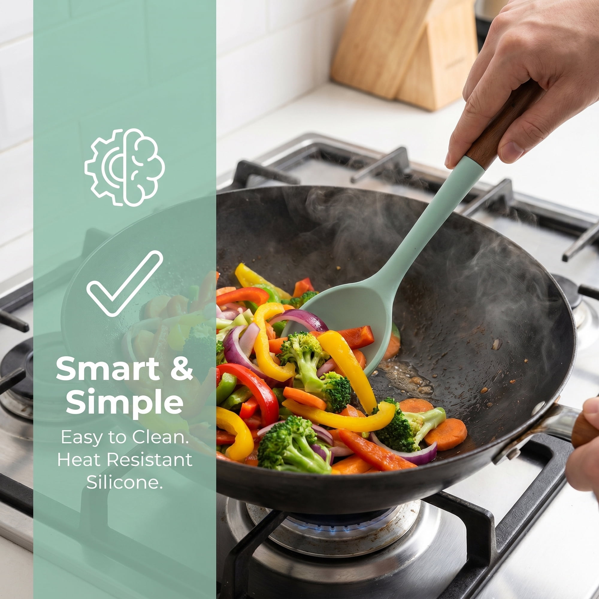 Unique Bargains Silicone Spoon Non Stick Pans Heat Resistant Handle Green 13.8" x 2.7"