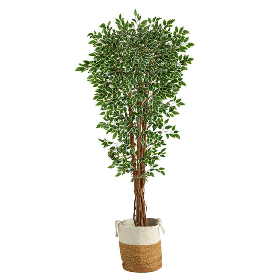 Nearly Natural 70" Variegated Ficus Artificial Tree in Handmade Natural Jute and Cotton Planter UV Resistant (Indoor/Outdoor)