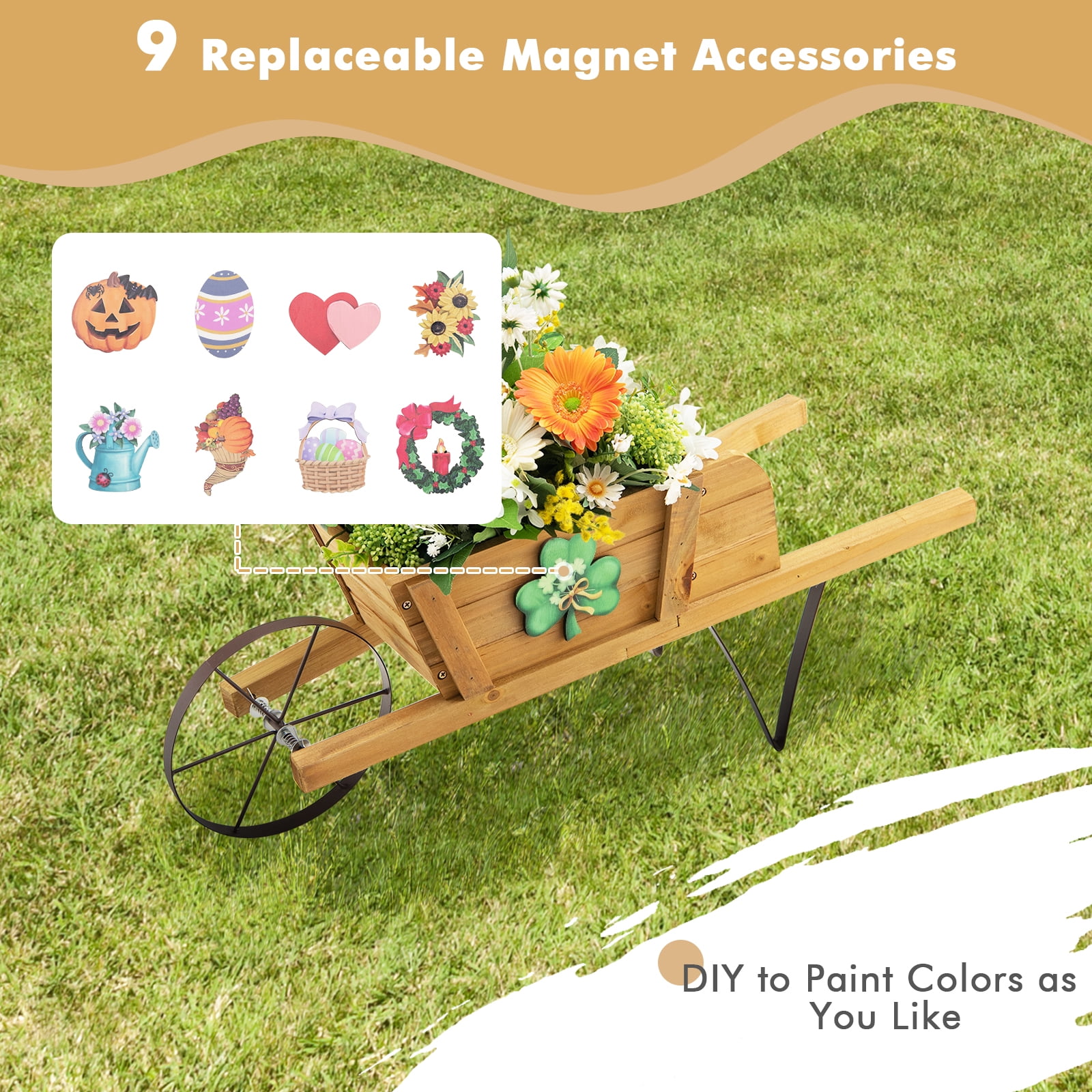 Topbuy Flower Pot Wheelbarrow Planter Solid Pine Wood Wagon Planter w/ Triangular Metal Support 2 Energy-saving Handles Movable Whee Walnut
