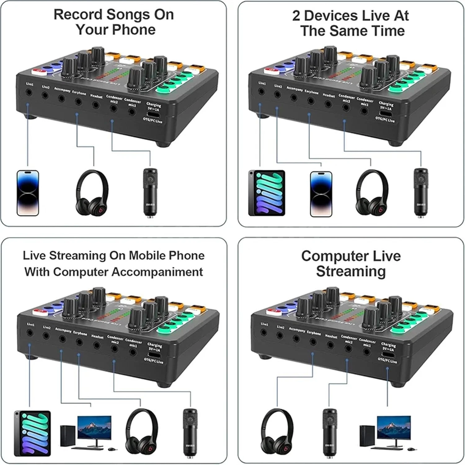 Complete Home Studio Recording Kit Mixer Condenser Microphones for Music Podcast