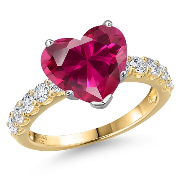 Gem Stone King 14K Two Tone Gold Red Created Ruby and Lab Grown Diamond Engagement Ring for Women | 4.65 Cttw | Heart Shape 10MM | Gemstone July Birthstone | Size 7