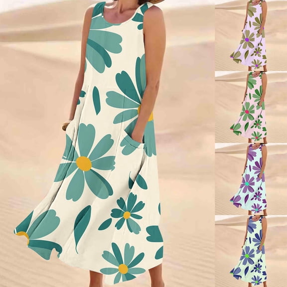 lcziwo Womens Long Sleeve Dresses Linen Floral Print Sleeveless Tank Dress Hawaii Flowy Casual Crew Neck Sundresses Purple M