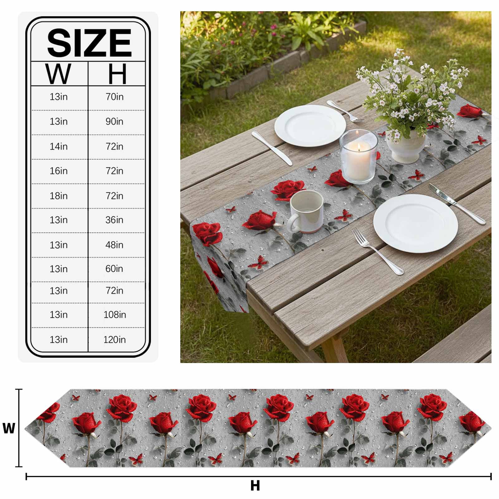 Red Roses Table Runner Linen Burlap Table Runner 90 Inches Long Valentine's Day Butterflies Floral Romantic Gray Dresser Scarves for Kitchen Island Coffee Dining Party Wedding Holiday Decor 13"x90"