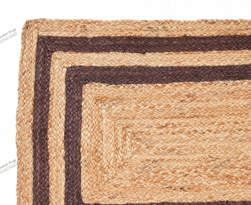 Rectangle Rug Natural Jute Rug Hand Braided Beige and Brown Color Stripes Line Area Rug
