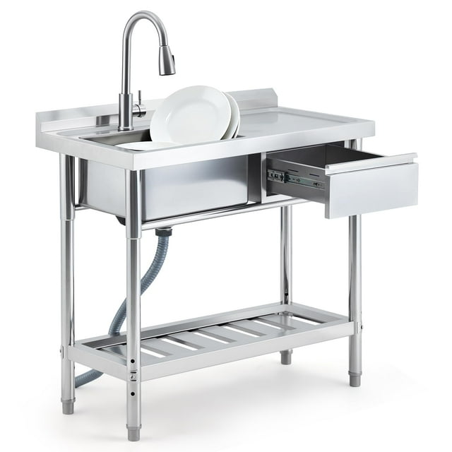 39" Commercial Stainless Steel Utility Sink & Workbench - Freestanding Prep Counter with Faucet, Single Bowl & Drawer Storage for Laundry, Farmhouse & Outdoor Kitchen