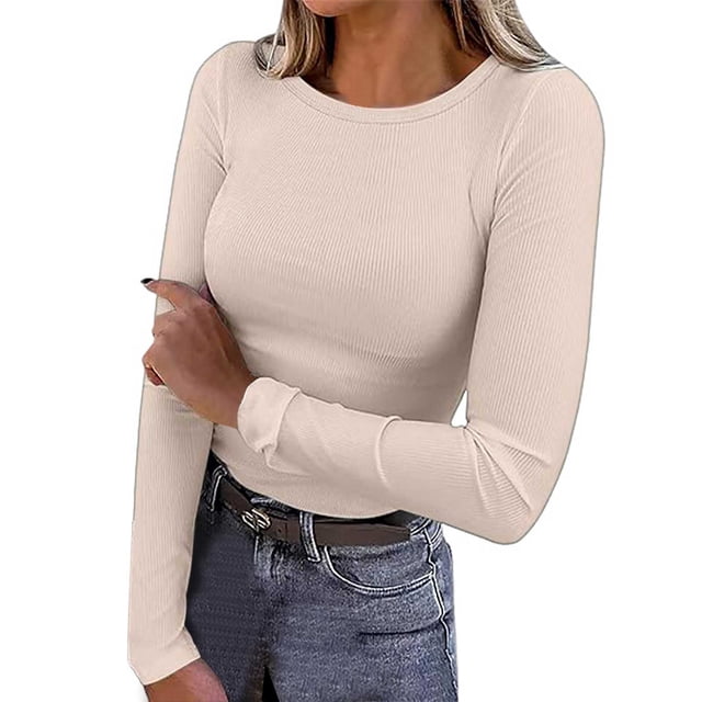 Womens Long Sleeve Ribbed Crewneck T-Shirt - Fitted Stretch Basic Top, Versatile Casual Shirt for All Seasons