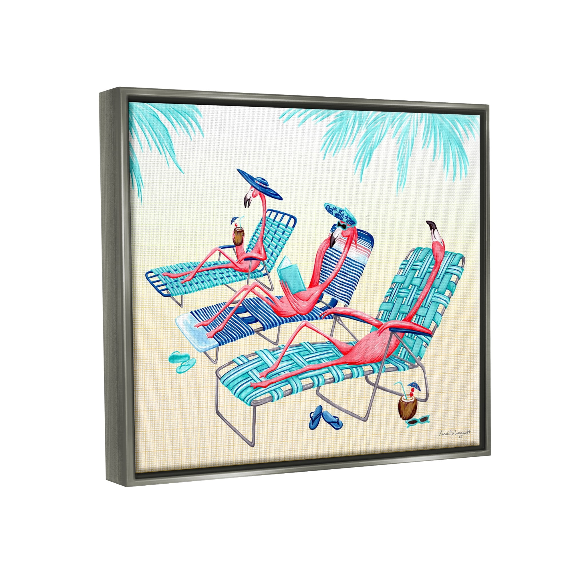 Stupell Industries Pink Flamingos Lounging Beach Chairs Tropical Scene Graphic Art Luster Gray Floating Framed Canvas Print Wall Art, Design by Amelie Legault