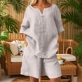 thumbnail image 4 of IWRICH Women's Short Sets 2 Piece Outfits Plus Size Linen Short Sleeve Shirts and Shorts Spring Summer Outfits Beige XXXL, 4 of 6